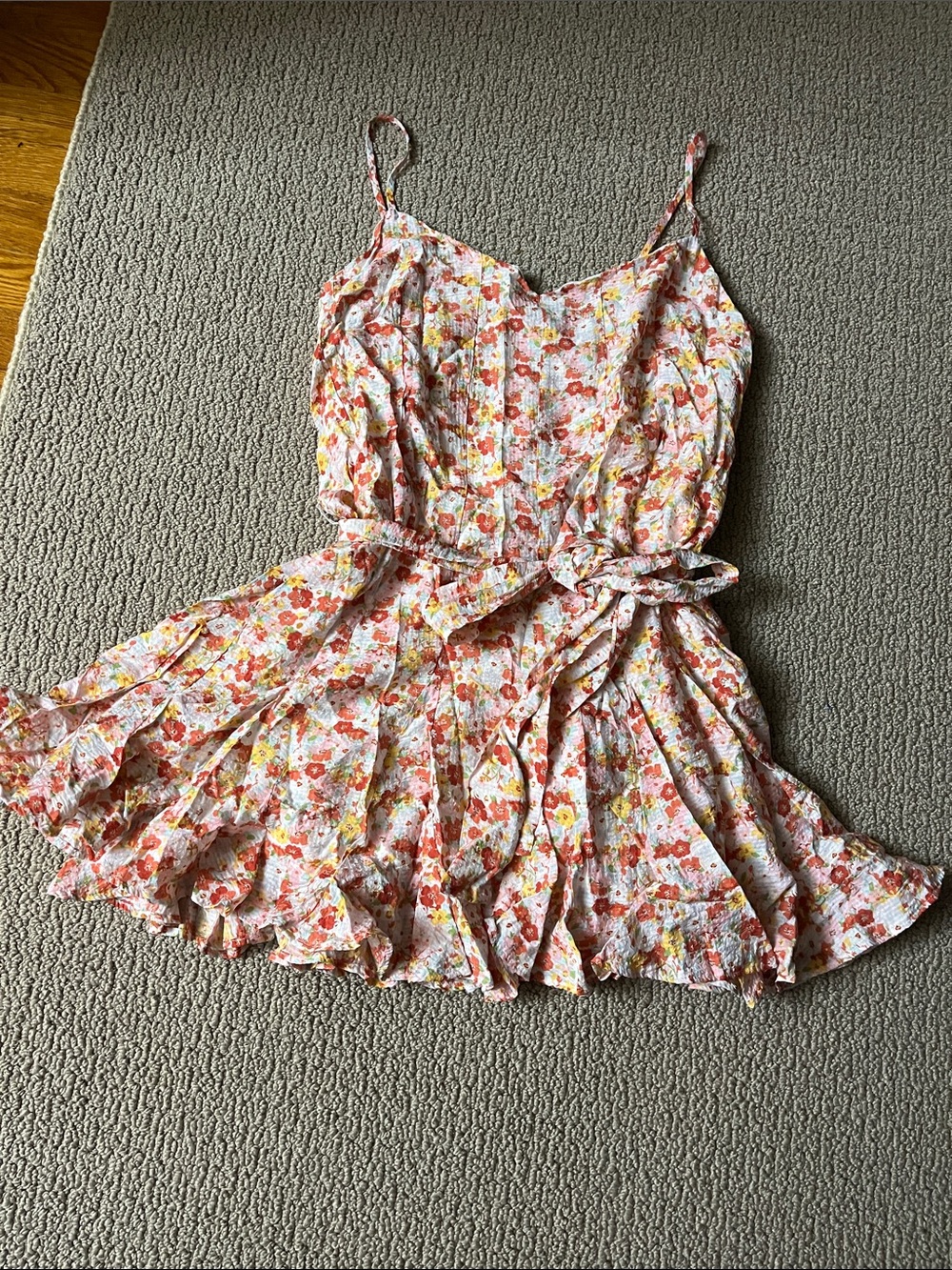 Lulu's SUNNY CHARMER Multi Floral Spaghetti-Strap Dress with Tie Waist -WAS $65